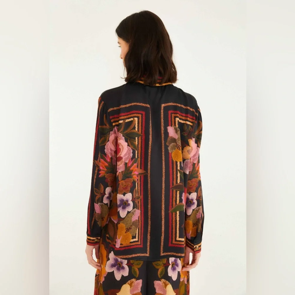 Farm Rio: Farm Rio Black Chenille Flowers Shirt - Picture 5 of 15